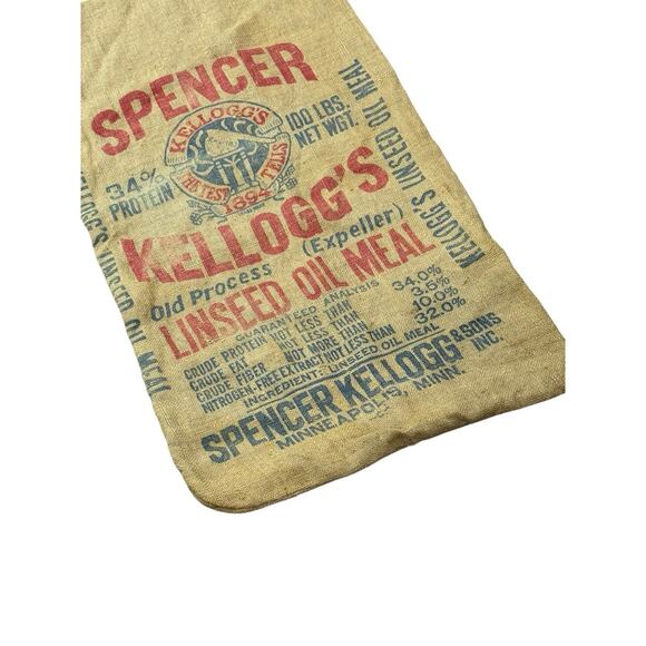 Antique Spencer Kellogg’s Soybean Oil Meal 100 LB Feed Sack Jute Burlap 21X38 - Picture 2 of 9